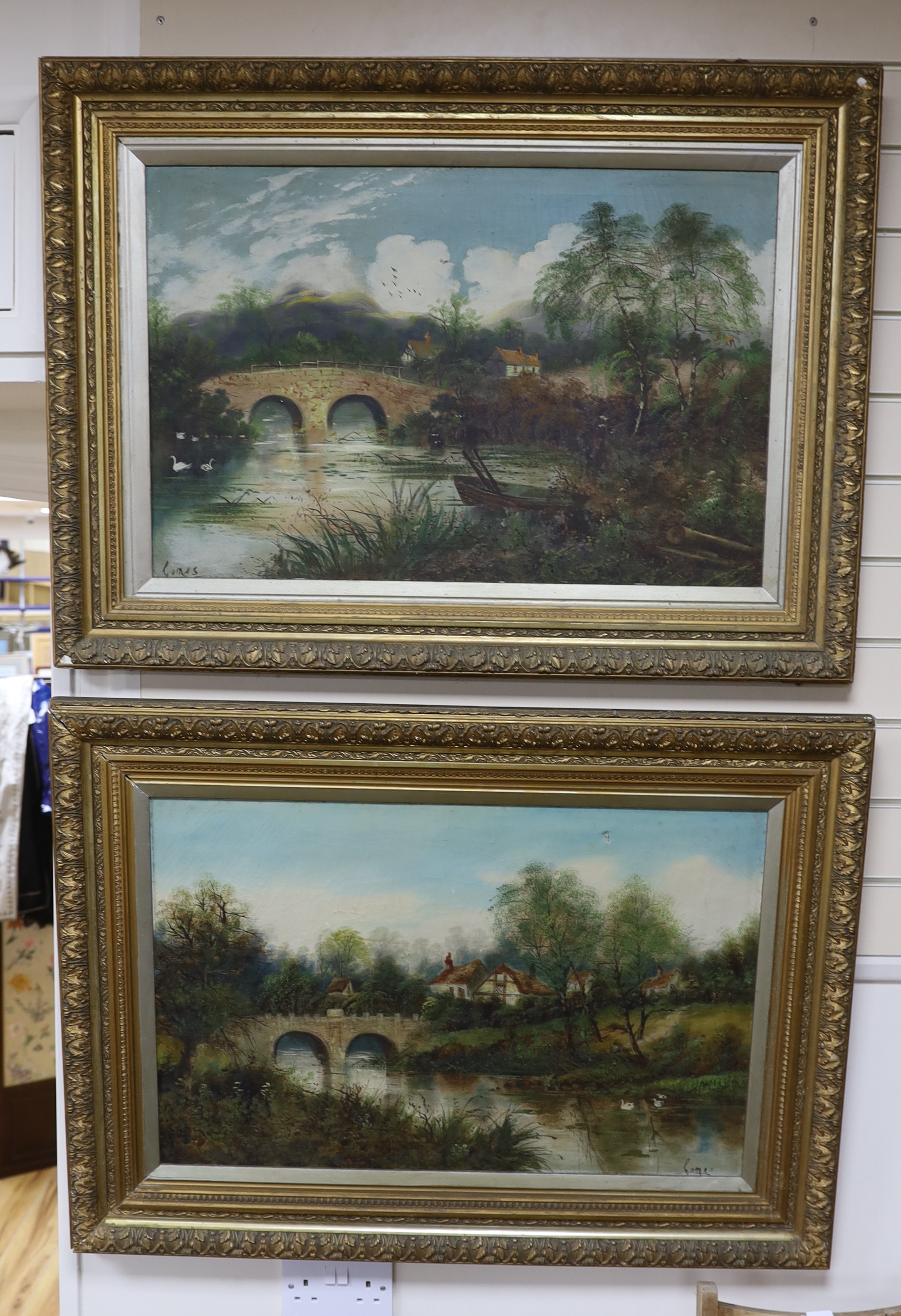 English School c.1900, pair of oils on canvas, River landscapes, 50 x 75cm